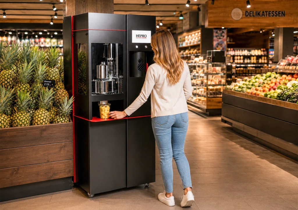 Maschinendesign am Point of Sale, HEPRO pina royal Ananasschälmaschine im Lebensmitteleinzelhandel mit Kundin